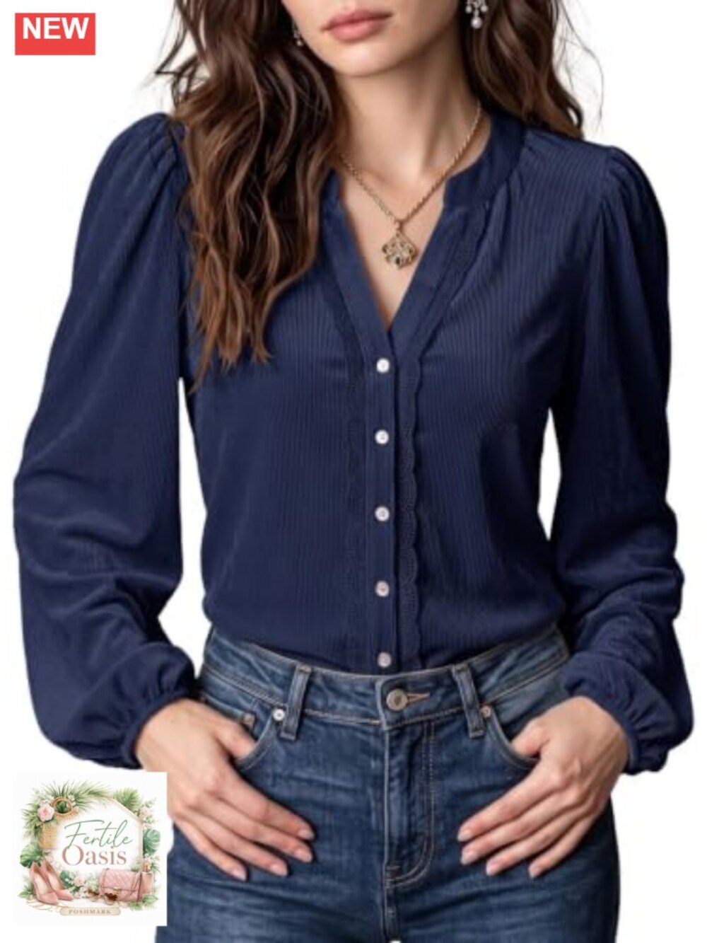 Corduroy Puff Sleeve Button Down Shirt with Lace Trim V-Neck